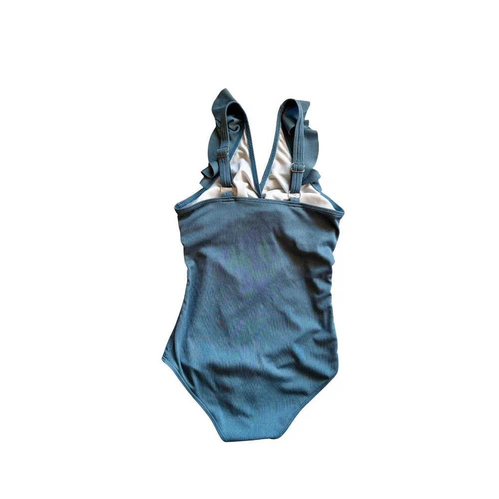 Girls 11-12Y Light Blue Ribbed Flutter Sleeve Twist Cutout One Piece Swimsuit